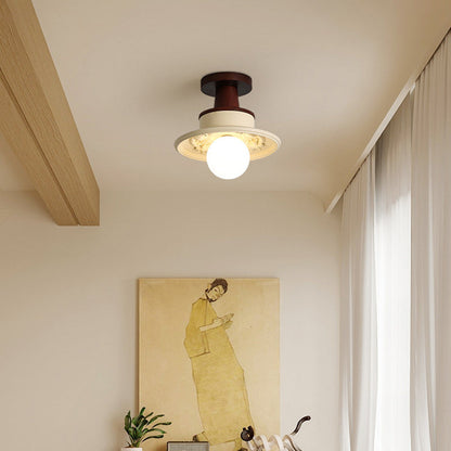 Modern Transitional Solid Wood Semicircle Carving Resin Shade 1-Light Semi-Flush Mount Ceiling Light For Living Room
