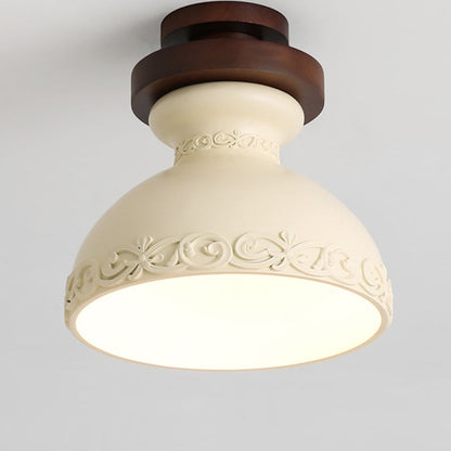 Modern Transitional Solid Wood Semicircle Carving Resin Shade 1-Light Semi-Flush Mount Ceiling Light For Living Room