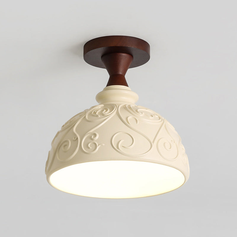 Modern Transitional Solid Wood Semicircle Carving Resin Shade 1-Light Semi-Flush Mount Ceiling Light For Living Room
