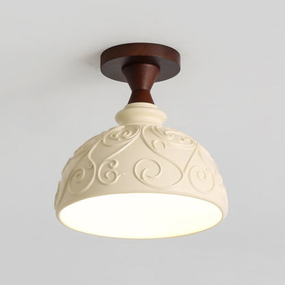 Modern Transitional Solid Wood Semicircle Carving Resin Shade 1-Light Semi-Flush Mount Ceiling Light For Living Room