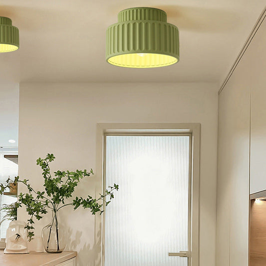 Contemporary Scandinavian Fluted Resin Cylinder Shade Iron 1-Light Semi-Flush Mount Ceiling Light For Living Room