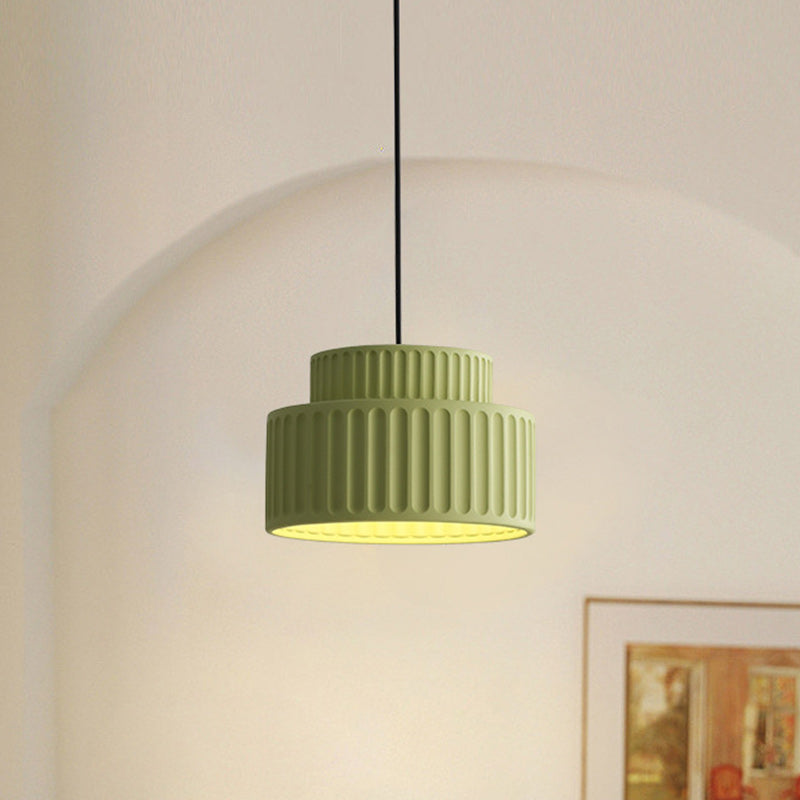 Contemporary Scandinavian Fluted Resin Cylinder Shade Iron 1-Light Pendant Light For Living Room
