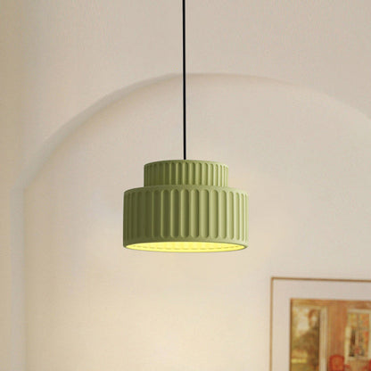 Contemporary Scandinavian Fluted Resin Cylinder Shade Iron 1-Light Pendant Light For Living Room