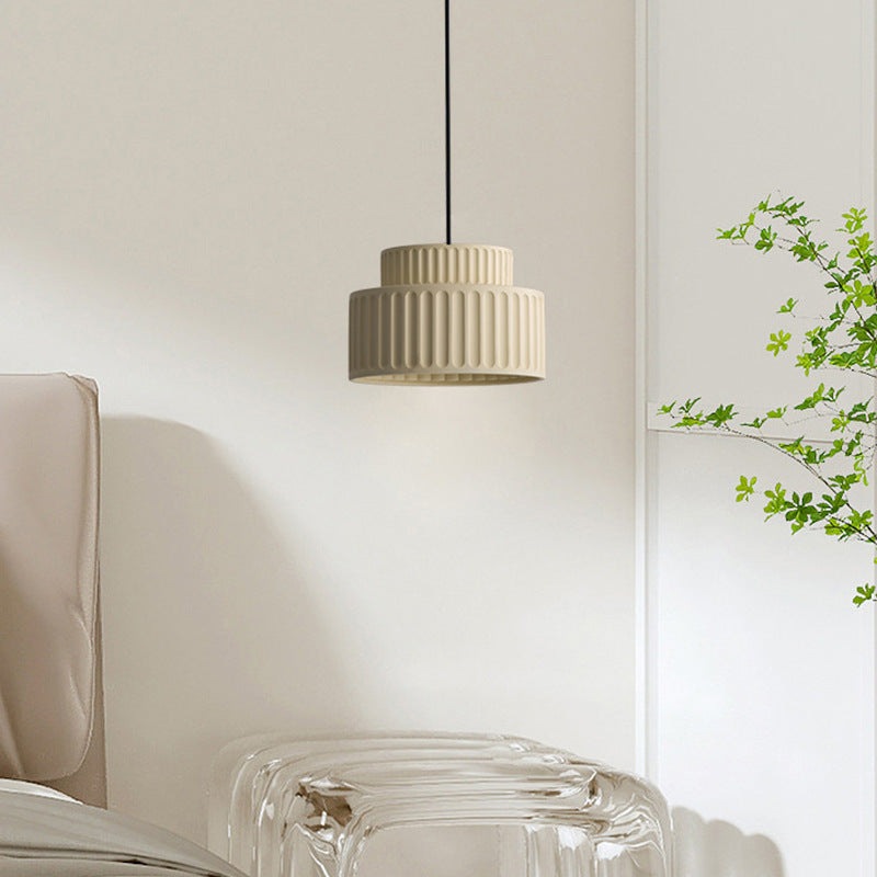 Contemporary Scandinavian Fluted Resin Cylinder Shade Iron 1-Light Pendant Light For Living Room