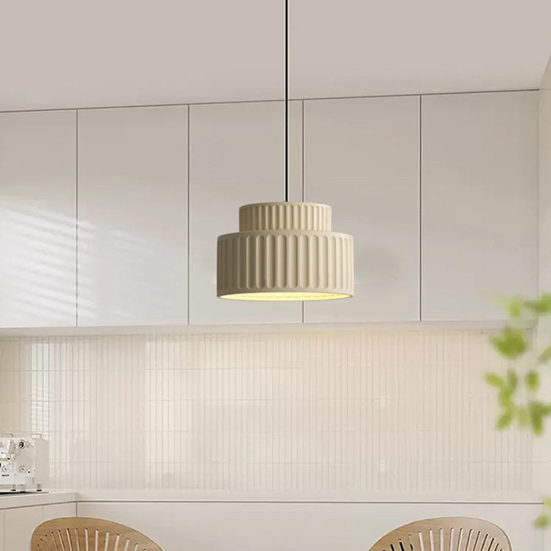 Contemporary Scandinavian Fluted Resin Cylinder Shade Iron 1-Light Pendant Light For Living Room