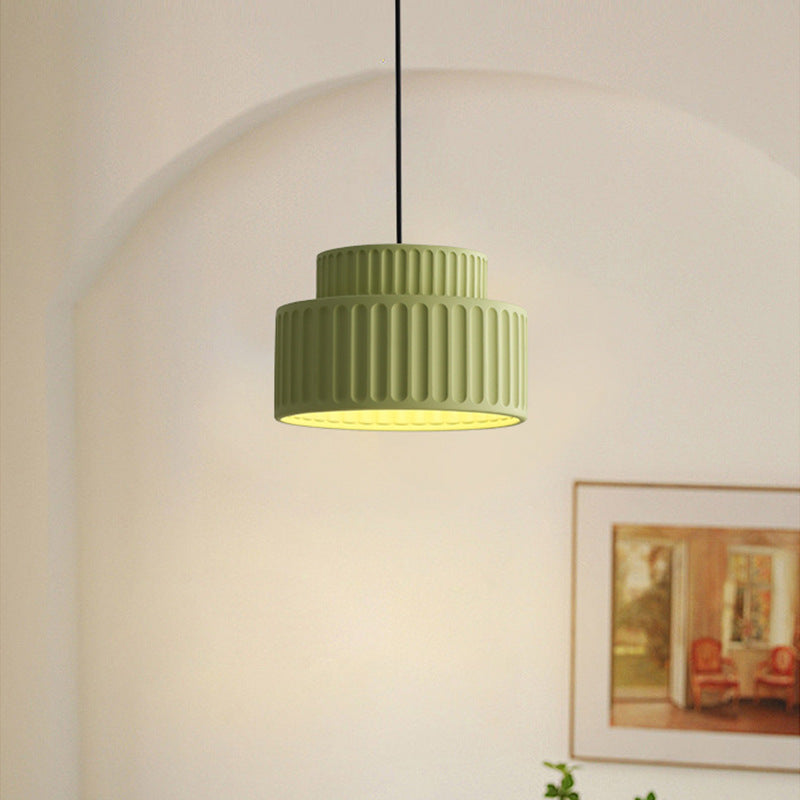 Contemporary Scandinavian Fluted Resin Cylinder Shade Iron 1-Light Pendant Light For Living Room
