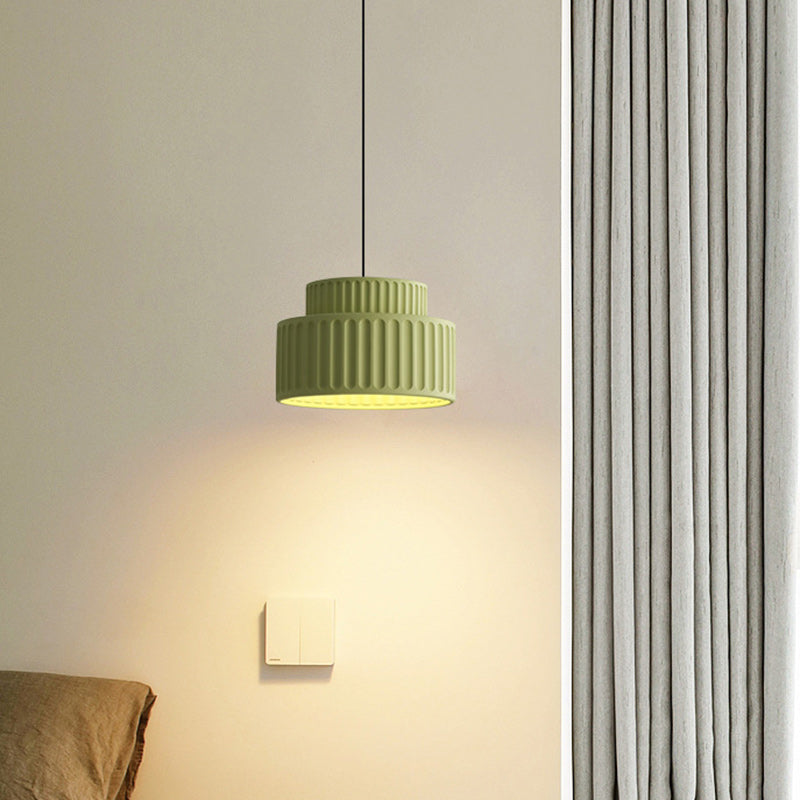 Contemporary Scandinavian Fluted Resin Cylinder Shade Iron 1-Light Pendant Light For Living Room