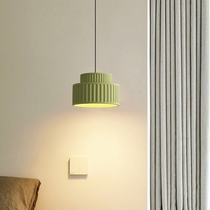 Contemporary Scandinavian Fluted Resin Cylinder Shade Iron 1-Light Pendant Light For Living Room