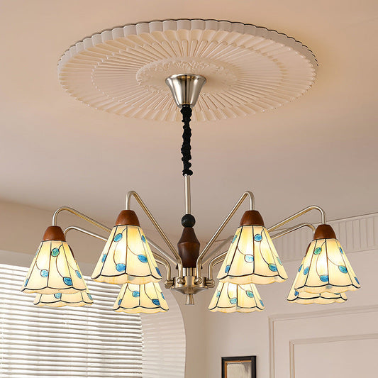 Traditional Tiffany Stained Glass Flower Shade Iron Solid Wood 5-Light Chandelier For Living Room