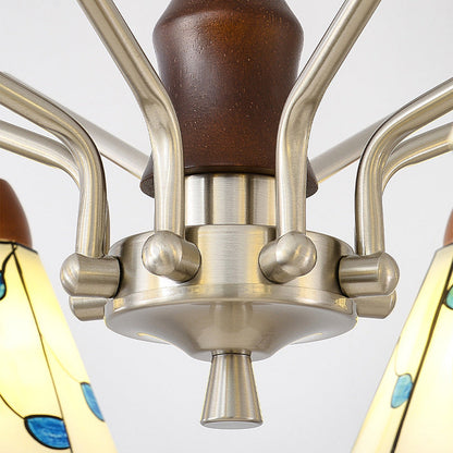 Traditional Tiffany Stained Glass Flower Shade Iron Solid Wood 5-Light Chandelier For Living Room