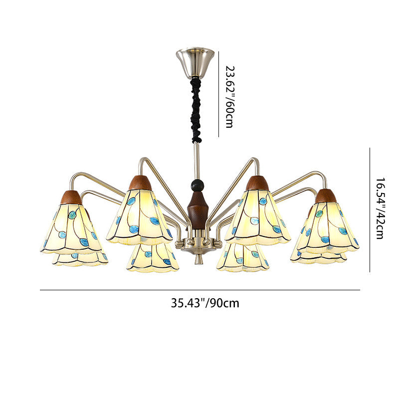 Traditional Tiffany Stained Glass Flower Shade Iron Solid Wood 5-Light Chandelier For Living Room