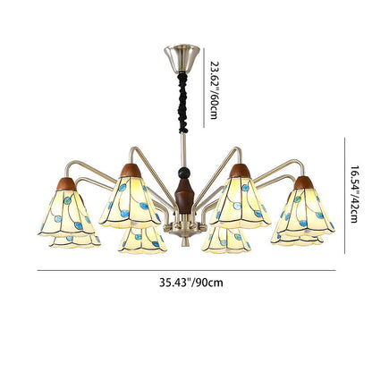 Traditional Tiffany Stained Glass Flower Shade Iron Solid Wood 5-Light Chandelier For Living Room