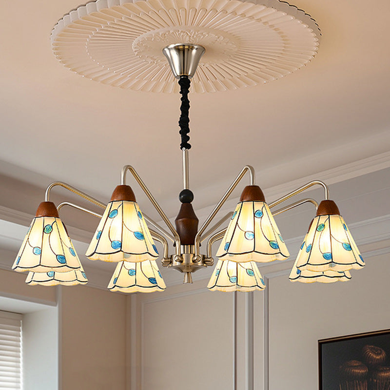Traditional Tiffany Stained Glass Flower Shade Iron Solid Wood 5-Light Chandelier For Living Room