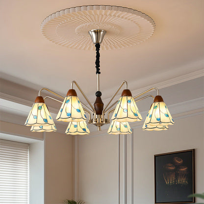 Traditional Tiffany Stained Glass Flower Shade Iron Solid Wood 5-Light Chandelier For Living Room