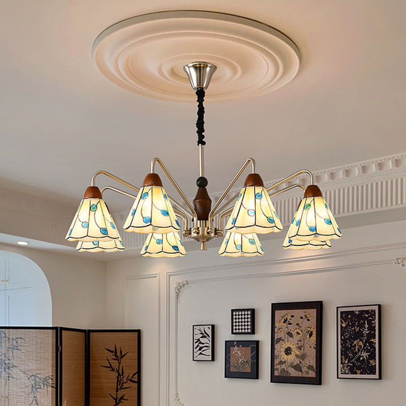 Traditional Tiffany Stained Glass Flower Shade Iron Solid Wood 5-Light Chandelier For Living Room