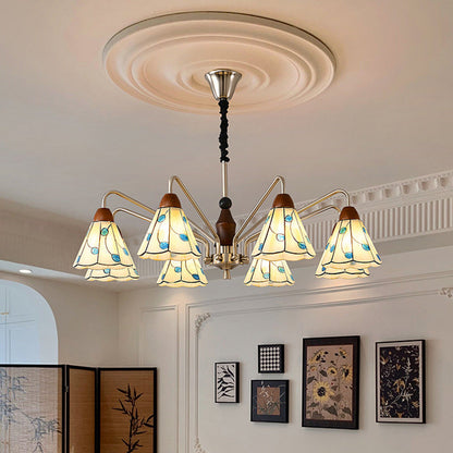 Traditional Tiffany Stained Glass Flower Shade Iron Solid Wood 5-Light Chandelier For Living Room