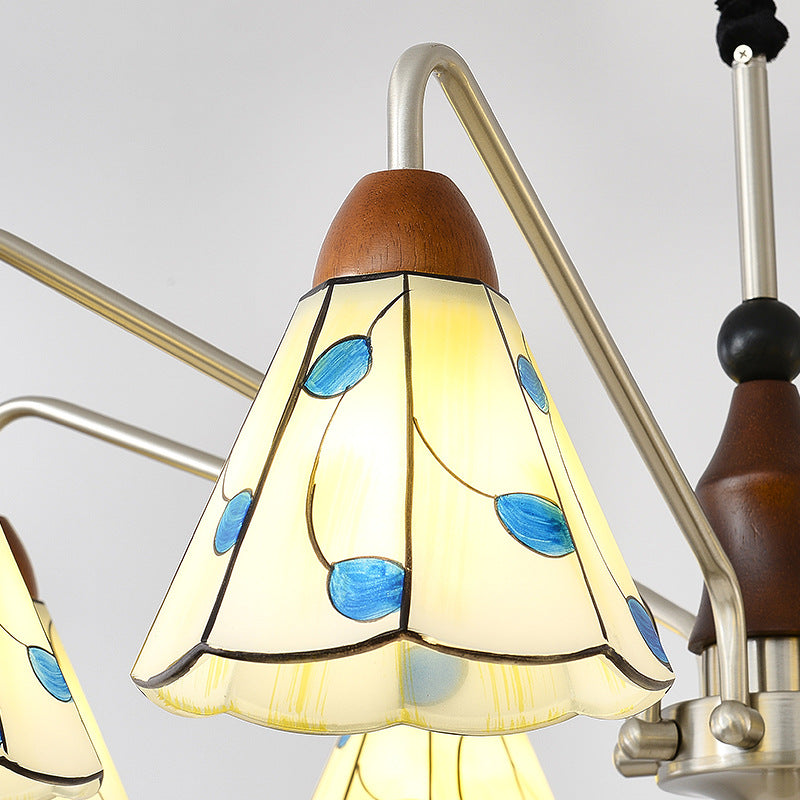 Traditional Tiffany Stained Glass Flower Shade Iron Solid Wood 5-Light Chandelier For Living Room