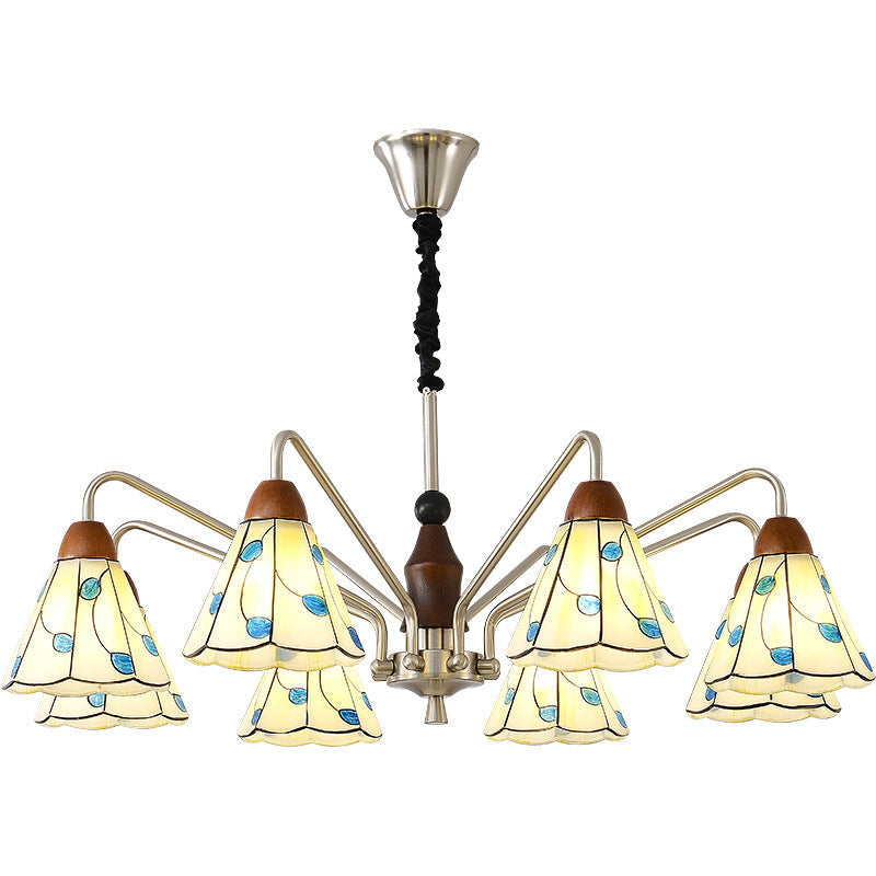 Traditional Tiffany Stained Glass Flower Shade Iron Solid Wood 5-Light Chandelier For Living Room