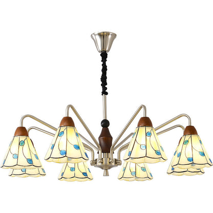 Traditional Tiffany Stained Glass Flower Shade Iron Solid Wood 5-Light Chandelier For Living Room