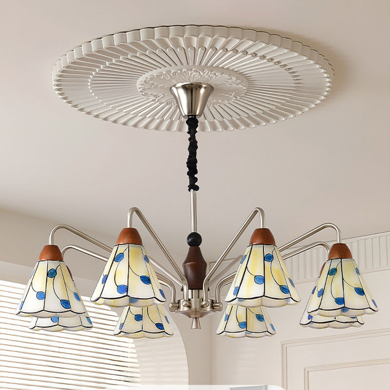 Traditional Tiffany Stained Glass Flower Shade Iron Solid Wood 5-Light Chandelier For Living Room