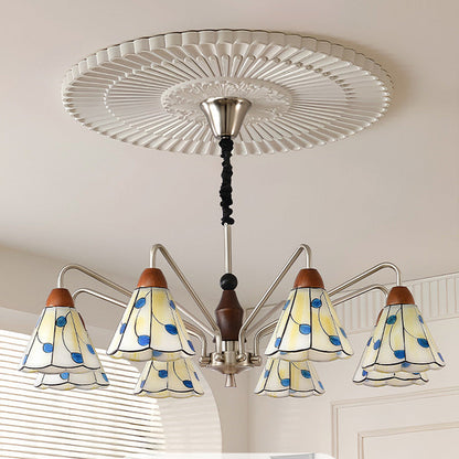 Traditional Tiffany Stained Glass Flower Shade Iron Solid Wood 5-Light Chandelier For Living Room