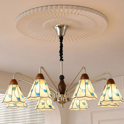 Traditional Tiffany Stained Glass Flower Shade Iron Solid Wood 5-Light Chandelier For Living Room
