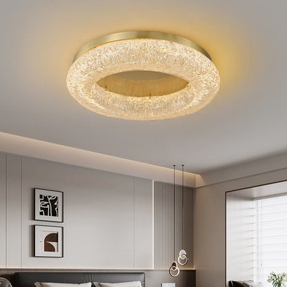 Contemporary Luxury Gold Leaf Resin Finish Copper Ring LED Flush Mount Ceiling Light For Living Room
