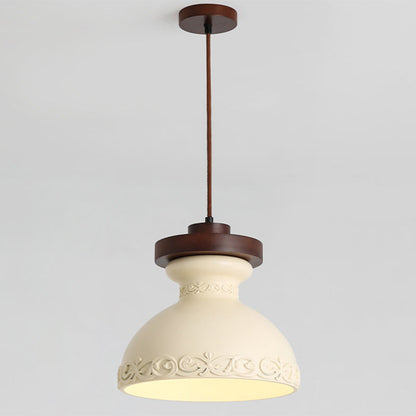 Modern Transitional Solid Wood Semicircle Carving Resin Shade 1-Light Pendant Light For Living Room