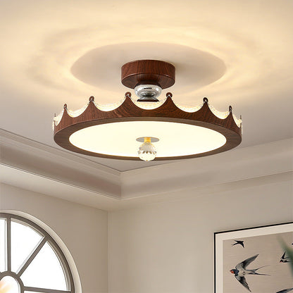 Traditional French Iron Faux Woodgrain Acrylic Crown Shade LED Semi-Flush Mount Ceiling Light For Living Room