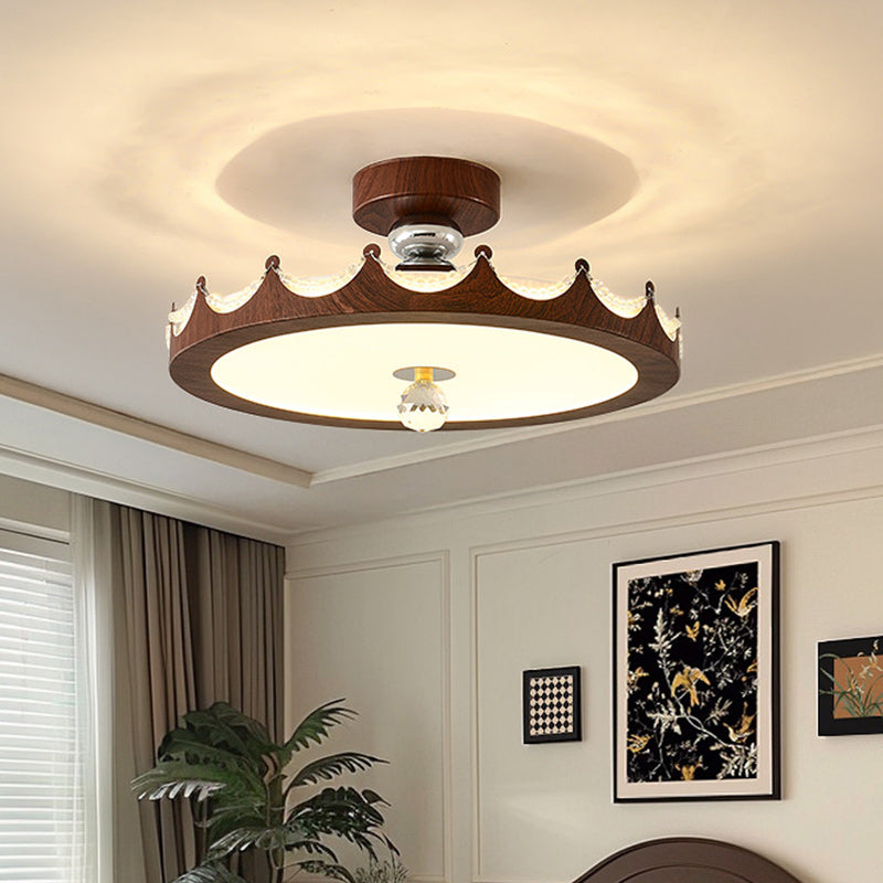 Traditional French Iron Faux Woodgrain Acrylic Crown Shade LED Semi-Flush Mount Ceiling Light For Living Room