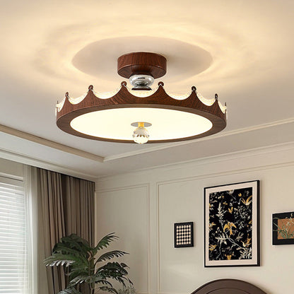 Traditional French Iron Faux Woodgrain Acrylic Crown Shade LED Semi-Flush Mount Ceiling Light For Living Room