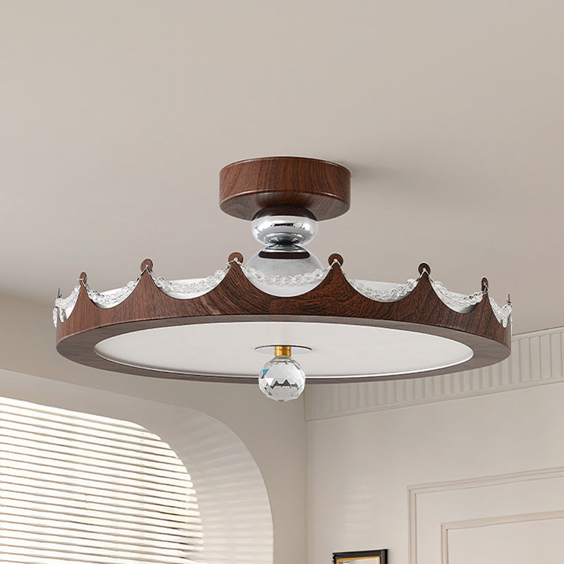 Traditional French Iron Faux Woodgrain Acrylic Crown Shade LED Semi-Flush Mount Ceiling Light For Living Room