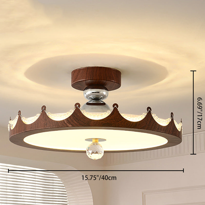 Traditional French Iron Faux Woodgrain Acrylic Crown Shade LED Semi-Flush Mount Ceiling Light For Living Room