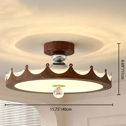 Traditional French Iron Faux Woodgrain Acrylic Crown Shade LED Semi-Flush Mount Ceiling Light For Living Room