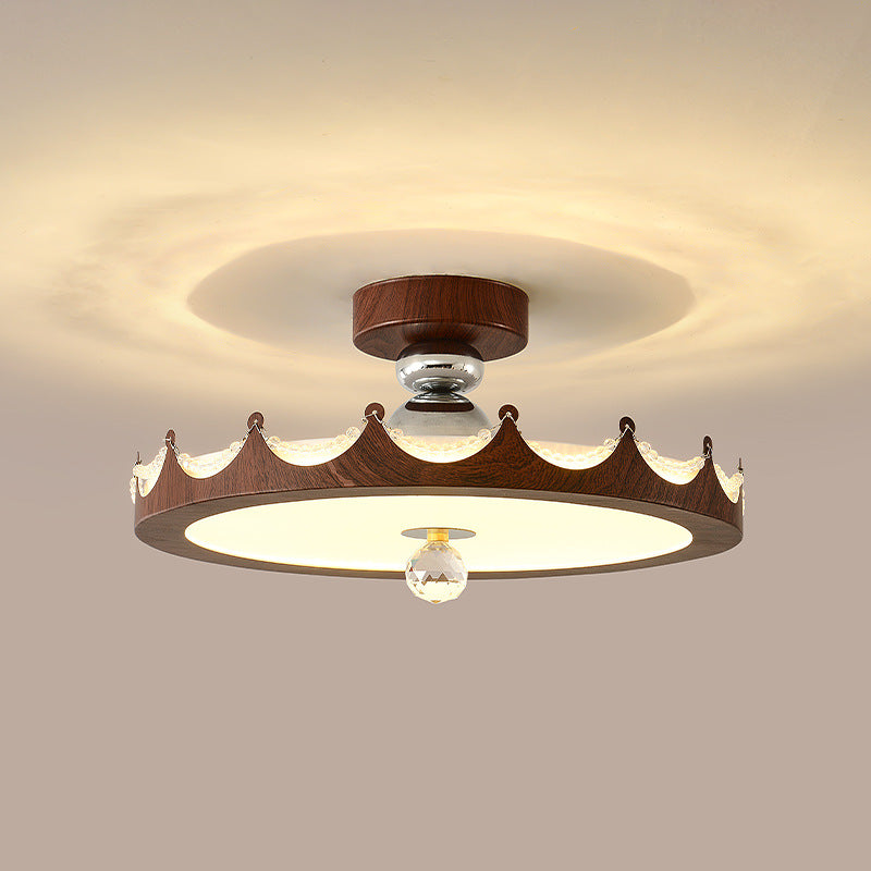 Traditional French Iron Faux Woodgrain Acrylic Crown Shade LED Semi-Flush Mount Ceiling Light For Living Room