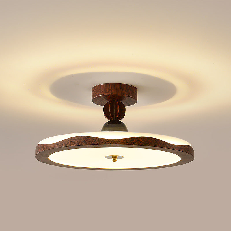Traditional French Iron Faux Woodgrain Acrylic Crown Shade LED Semi-Flush Mount Ceiling Light For Living Room
