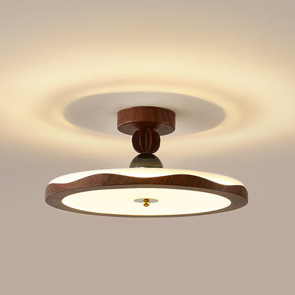 Traditional French Iron Faux Woodgrain Acrylic Crown Shade LED Semi-Flush Mount Ceiling Light For Living Room