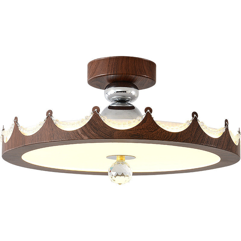 Traditional French Iron Faux Woodgrain Acrylic Crown Shade LED Semi-Flush Mount Ceiling Light For Living Room