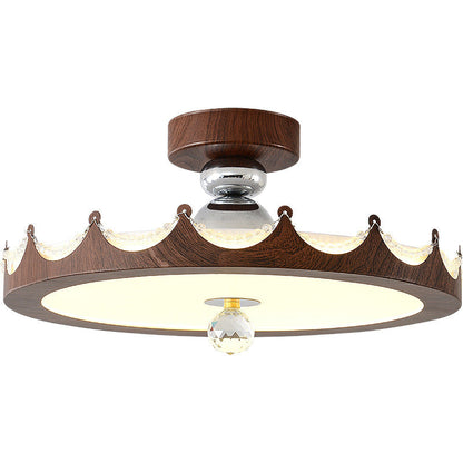 Traditional French Iron Faux Woodgrain Acrylic Crown Shade LED Semi-Flush Mount Ceiling Light For Living Room