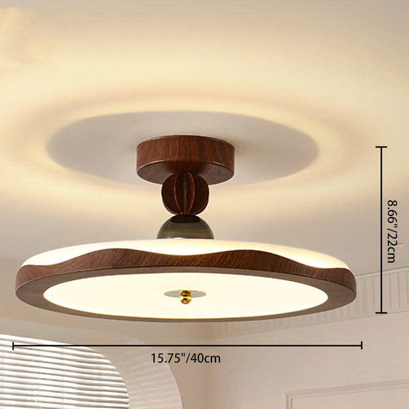 Traditional French Iron Faux Woodgrain Acrylic Crown Shade LED Semi-Flush Mount Ceiling Light For Living Room