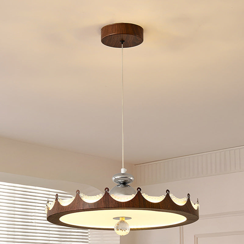 Traditional French Iron Faux Woodgrain Acrylic Crown Shade LED Pendant Light For Living Room