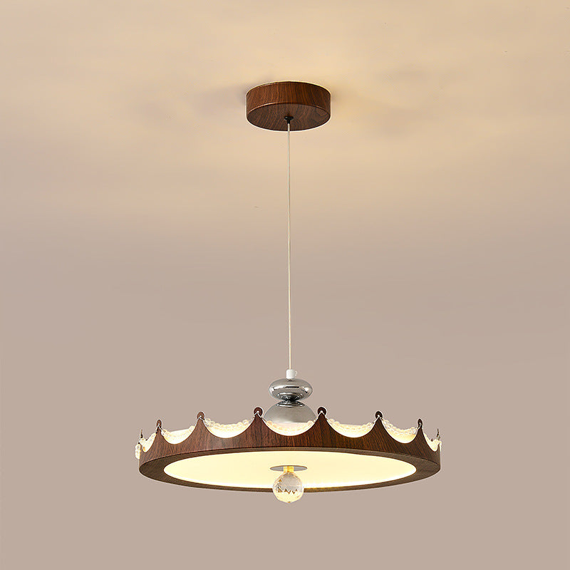 Traditional French Iron Faux Woodgrain Acrylic Crown Shade LED Pendant Light For Living Room