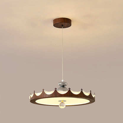Traditional French Iron Faux Woodgrain Acrylic Crown Shade LED Pendant Light For Living Room
