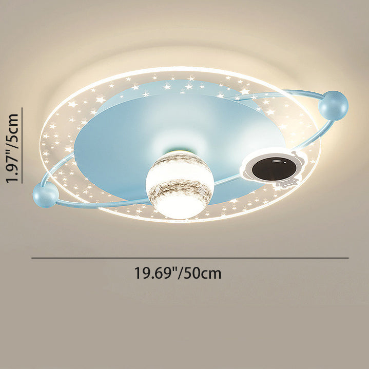 Contemporary Scandinavian Round Cartoon Astronaut Planet Iron Acrylic LED Flush Mount Ceiling Light For Bedroom