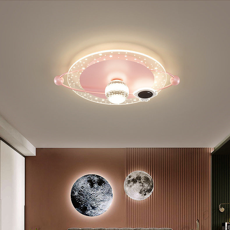 Contemporary Scandinavian Round Cartoon Astronaut Planet Iron Acrylic LED Flush Mount Ceiling Light For Bedroom