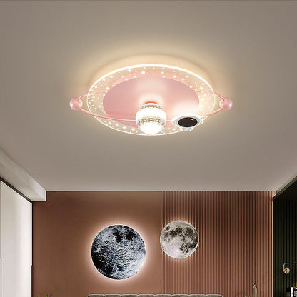 Contemporary Scandinavian Round Cartoon Astronaut Planet Iron Acrylic LED Flush Mount Ceiling Light For Bedroom