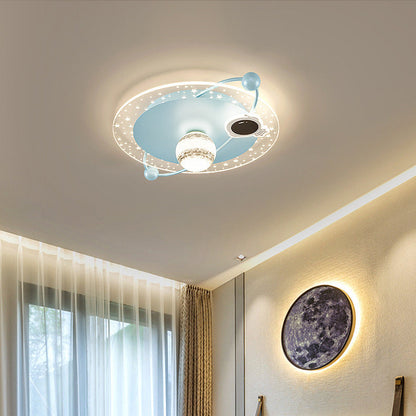 Contemporary Scandinavian Round Cartoon Astronaut Planet Iron Acrylic LED Flush Mount Ceiling Light For Bedroom