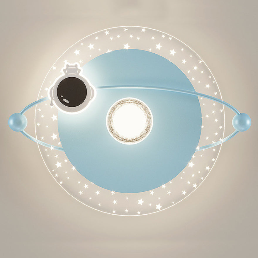 Contemporary Scandinavian Round Cartoon Astronaut Planet Iron Acrylic LED Flush Mount Ceiling Light For Bedroom
