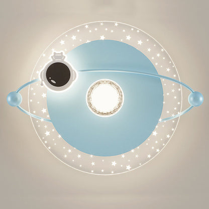 Contemporary Scandinavian Round Cartoon Astronaut Planet Iron Acrylic LED Flush Mount Ceiling Light For Bedroom