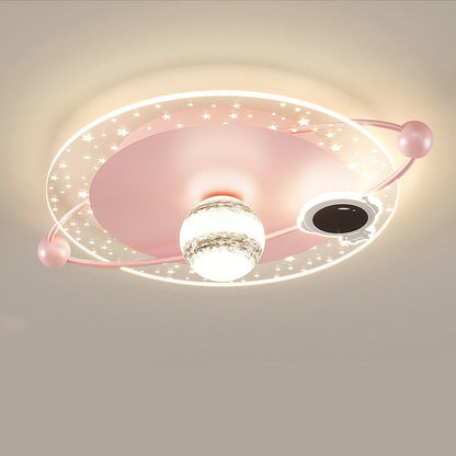 Contemporary Scandinavian Round Cartoon Astronaut Planet Iron Acrylic LED Flush Mount Ceiling Light For Bedroom